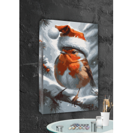 АМ-0862  "Червоногрудий санта"  з фарбами металік на 3D підрамнику  